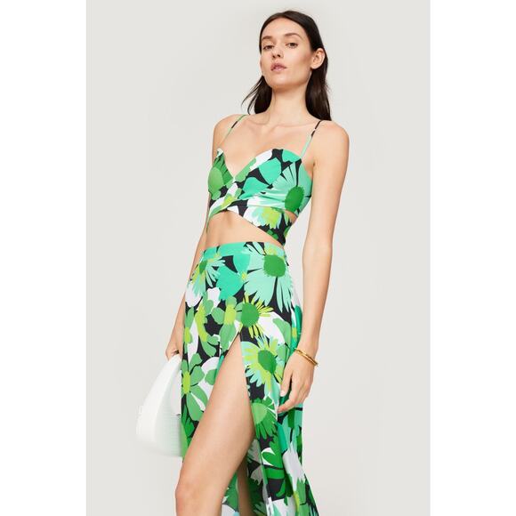 AFRM Electric Green Floral Print 70s Psychedelic High Waist A-Line Deren SkirtXS - Picture 3 of 16